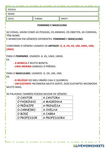 Feminino e masculino das palavras