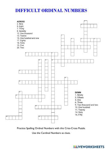 Difficult Ordinals Criss Cross Puzzle