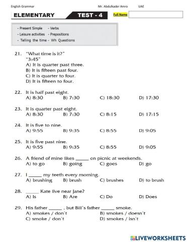 Elementary Test 4 Part 2 Grammar