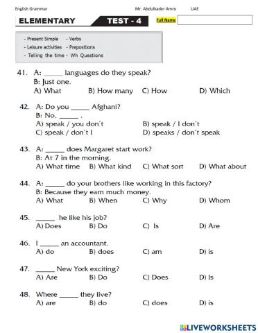 Elementary Test 4 Part 3 Grammar