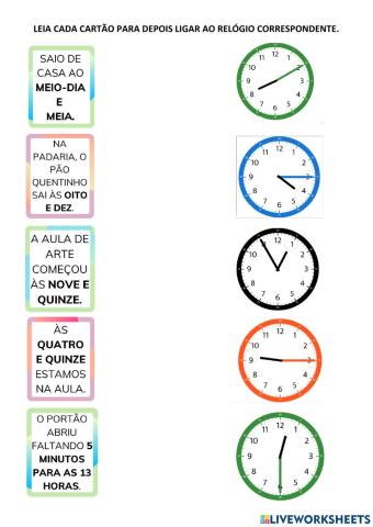 Ligue os cartões aos relógios correspondentes