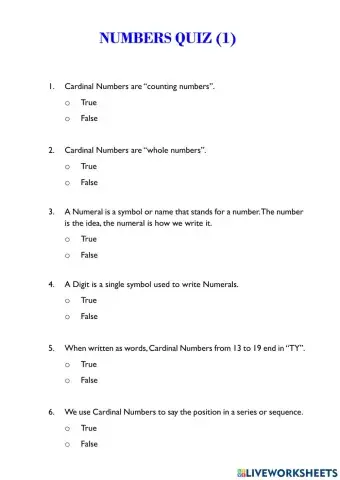 Numbers Quiz 1
