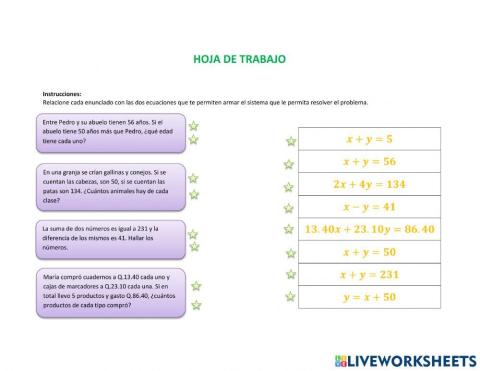 Hoja de trabajo -Solución de problemas con sistemas de ecuaciones 2X2