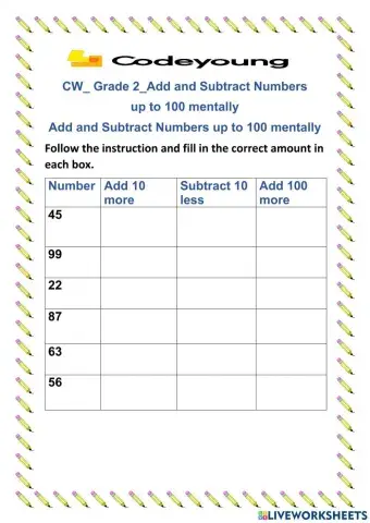Add and Subtract Numbers up to 100 mentally