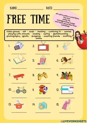 Free time vocabulary worksheet