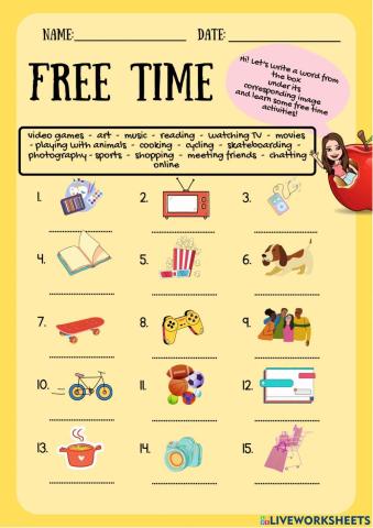 Free time vocabulary worksheet