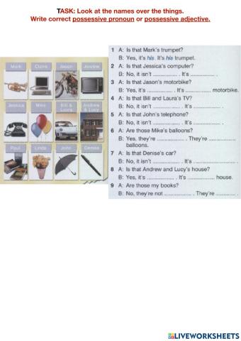Possessive adjectives and pronouns task