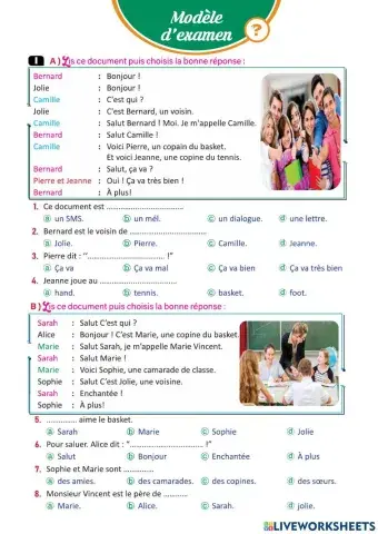 Examen pour la première année secondaire Unité 1 Leçon 1 « Se présenter »