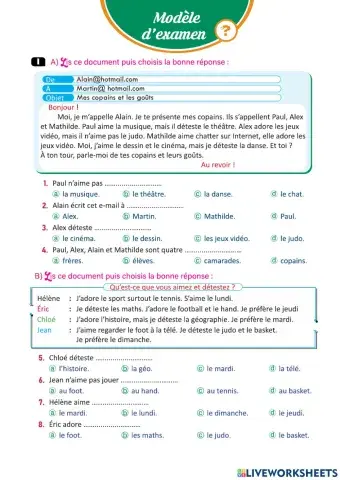 Examen pour la première année secondaire Unité 2 Leçon 3 « Exprimer ses goûts »