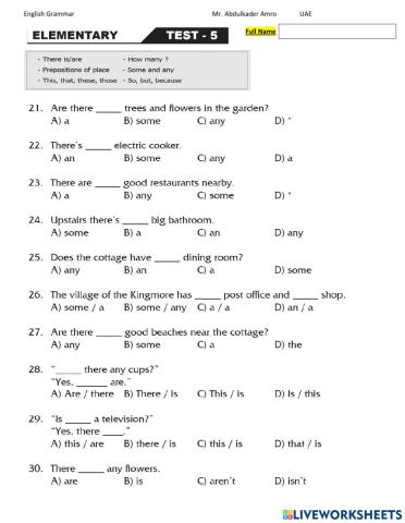 Elementary Test 5 Part 2 Grammar