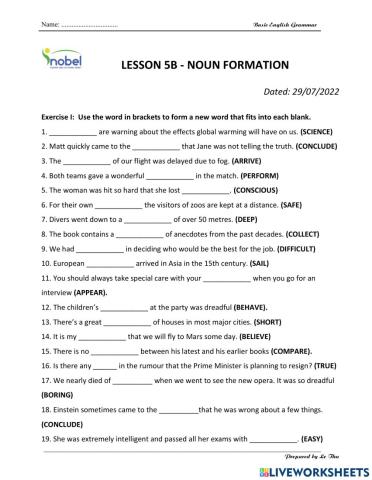 Lesson5B - Homework - Noun Formation