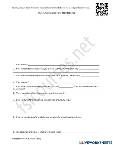 Mass vs. Gravitational Force 101 Video Notes