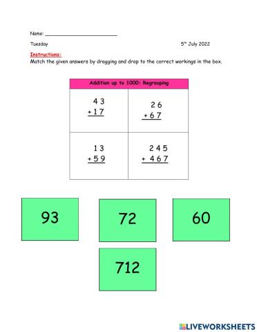 Addition with regrouping activity version 2