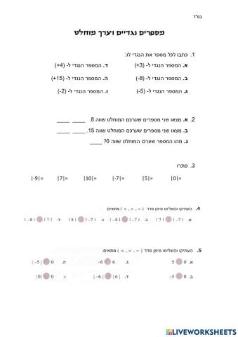 מספרים נגדיים וערך מוחלט