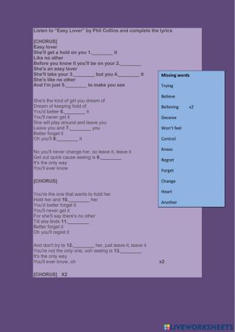 A2 song worksheet easy lover phil colins