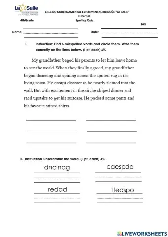 Spelling III Partial  Quiz  4th