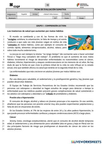 Comprensión lectora: enfermedades y malos hábitos