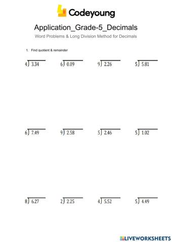 Application-Word Problems & Long Division Method for Decimals