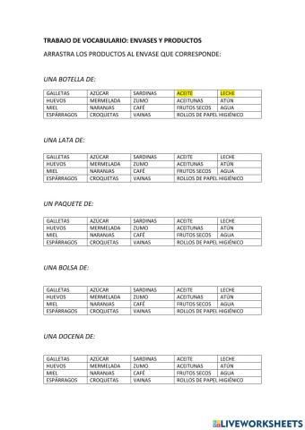 Vocabulario envases y productos