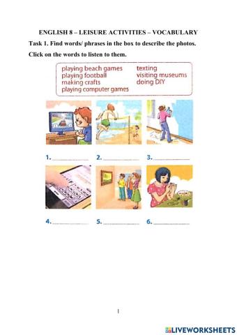 English 8 - Unit 1 - Leisure Activities - Vocabulary