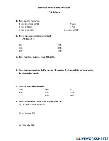 Numerele naturale de la 100 la 1000