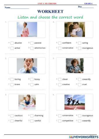 English 6 - Unit 3 - My Friends - Vocabulary 2 - Quiz