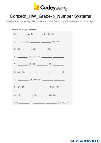 Concept-HW-Comparing, Ordering, Skip Counting, and Rounding Off Numbers up to 9 digits