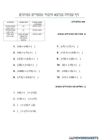 מספרים מכוונים - שני מחוברים