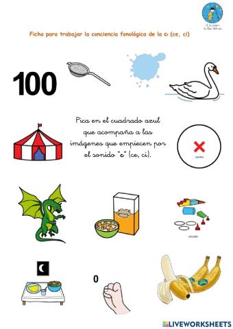 Ficha interactiva para trabajar conciencia fonológica del sonido “ce, ci” (El zurrón de las letras)