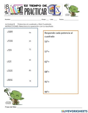 Potencias al cuadrado y raíces cuadradas