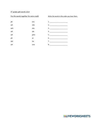 4th grade split words test U2 L4