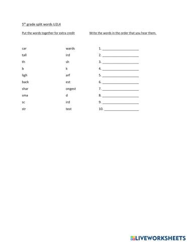 5th grade U2 L4 split word test