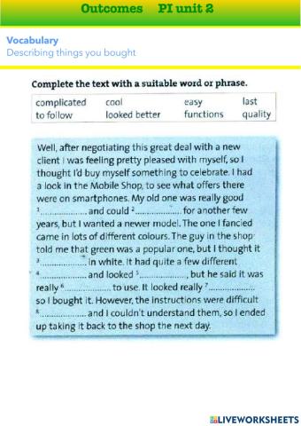 Outcomes PI, unit 2, Describing things you bought