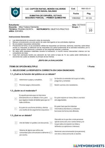 Evaluación ESPAÑOL OCTAVO 2P-1Q