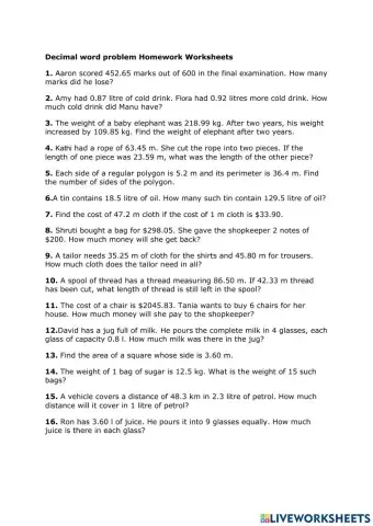 Decimal word problem Homework Worksheets