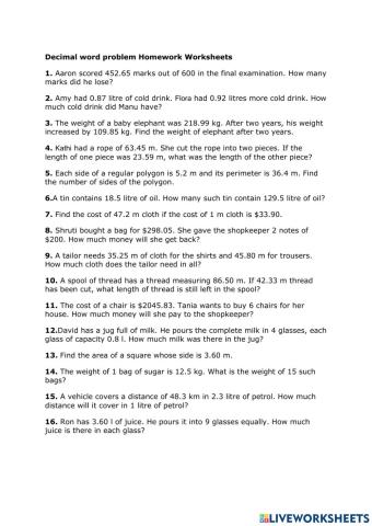 Decimal word problem Homework Worksheets
