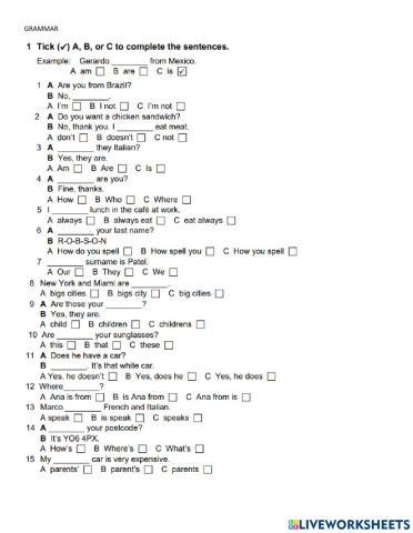 Mock test- English File elementary units 1 to 6
