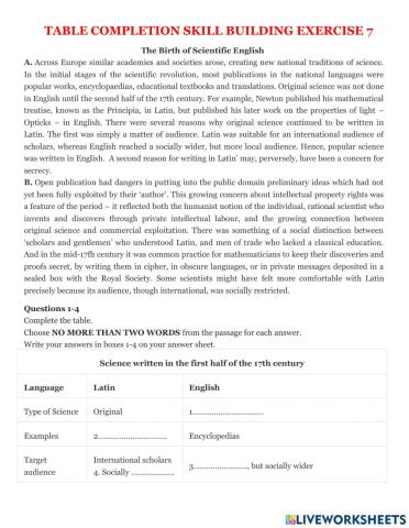 Ielts reading table completion exercise 7
