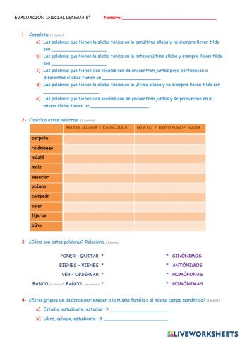 Evaluación inicial lengua 6º gramática y ortografía