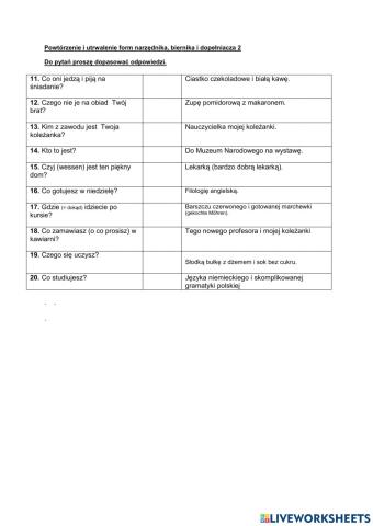 Powtórzenie i utrwalenie form narzędnika, biernika i dopełniacza