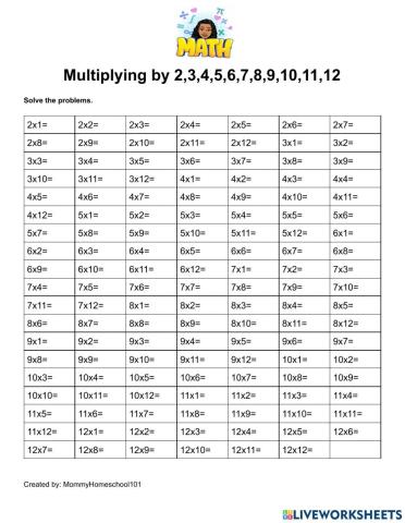 Multiplying By 2,3,4,5,6,7,8,9,10,11,12