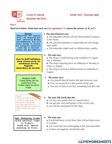 Eight grade Entry exam: reading