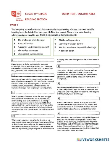 Entry test - Reading compr (Grade 11)