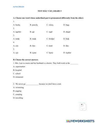 Test đầu vào - Grade 5