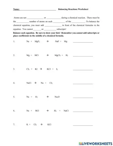 Balancing Reactions Worksheet