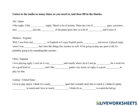 Sports 1-6 ppl Favorite Sports 1 Dictation Exercise (NM)