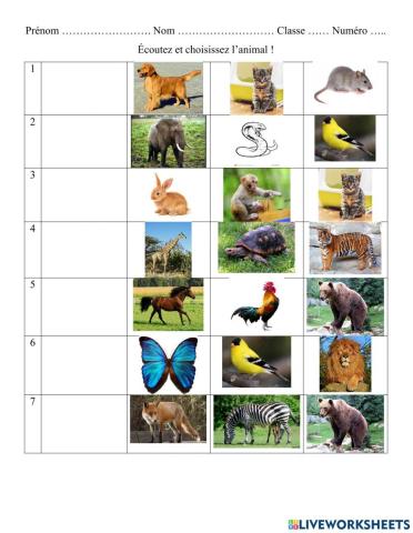 Le vocabulaire des animaux