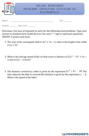 Online Worksheet (Division of Polynomials)