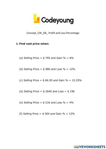 Concept-CW-G8- Profit and Loss Percentage