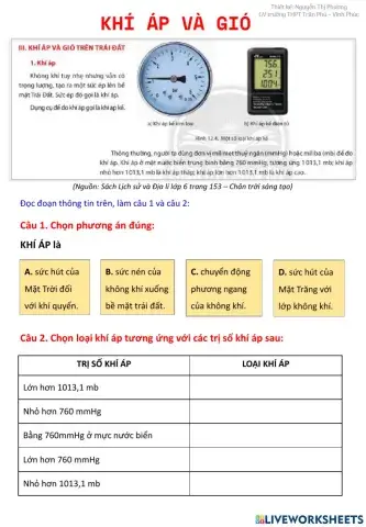Phiếu học tập Địa lí - Khí áp và gió